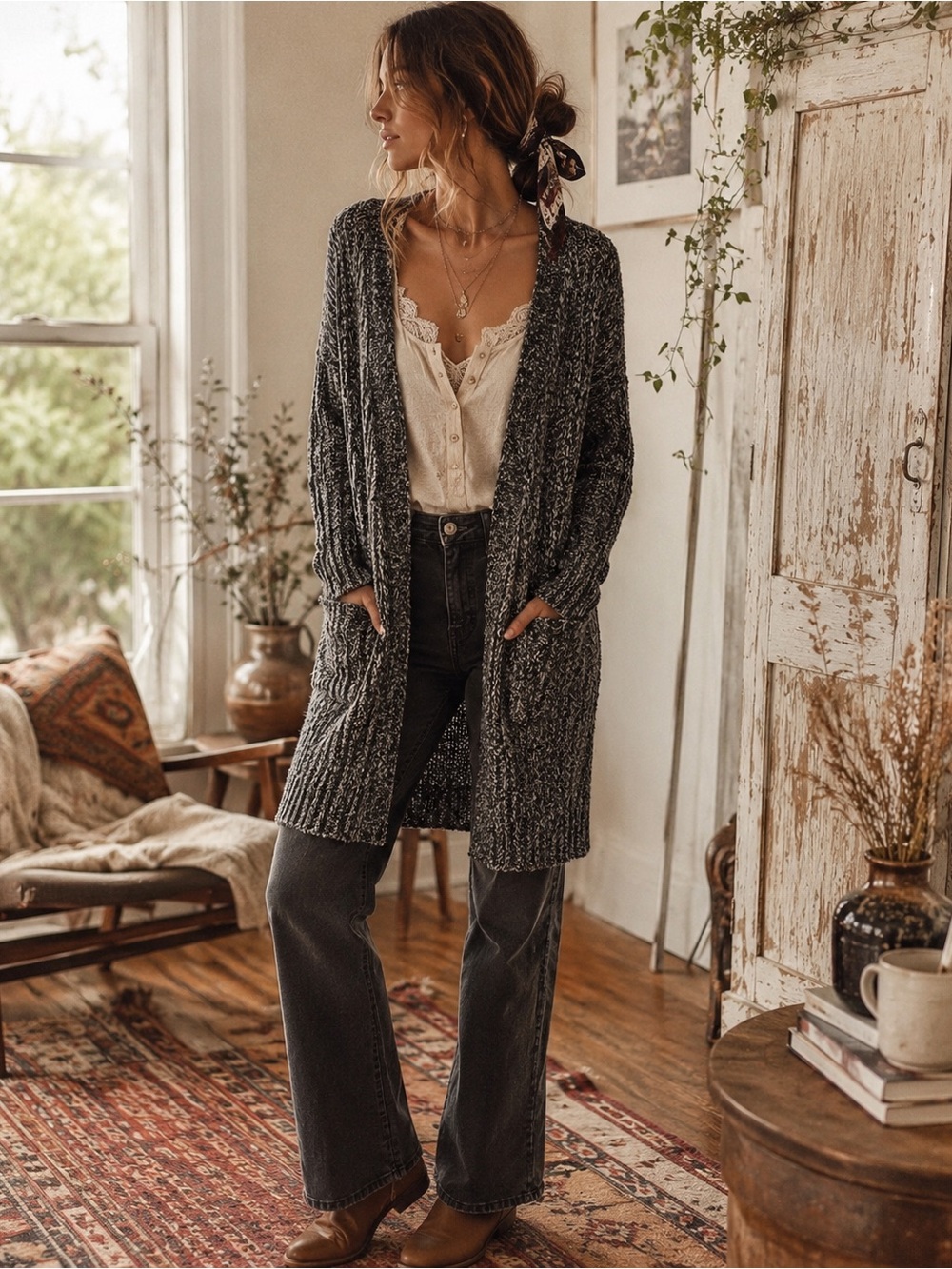 Miracle Charcoal Open-Front Ribbed Long Cardigan
